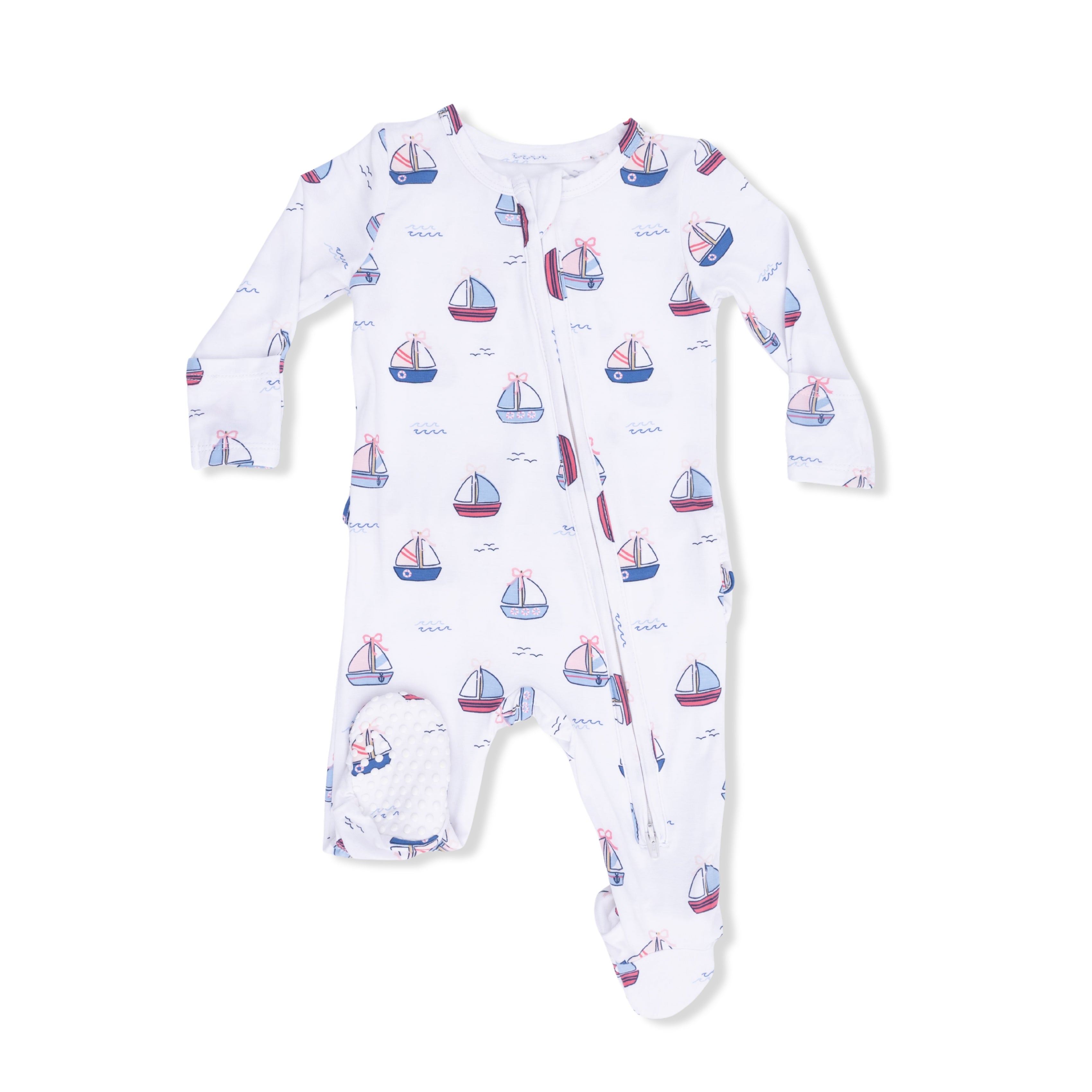 Baby onesie with sailboat pattern on a white background