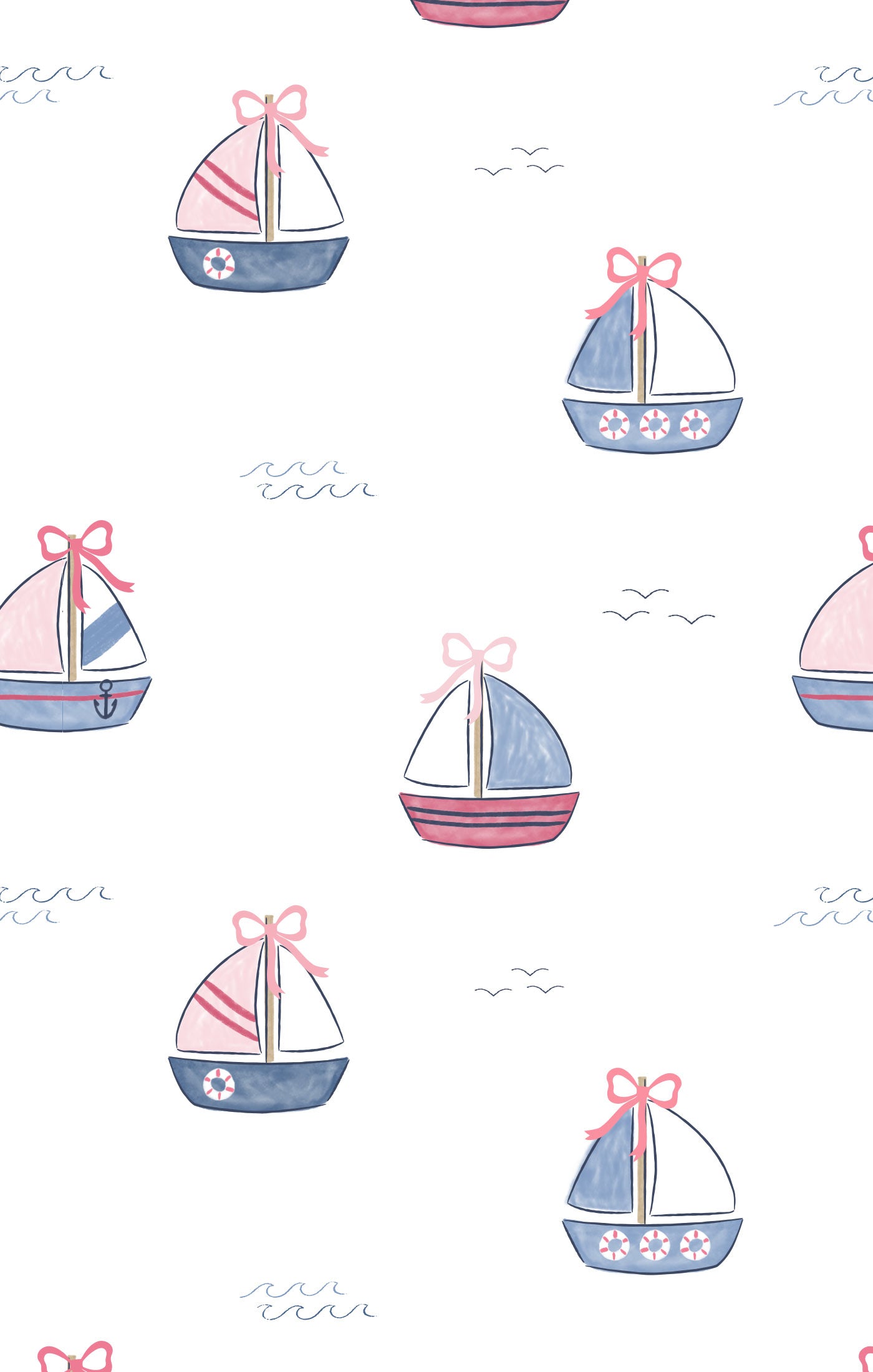 Pattern of colorful sailboats with pink bows on a white background