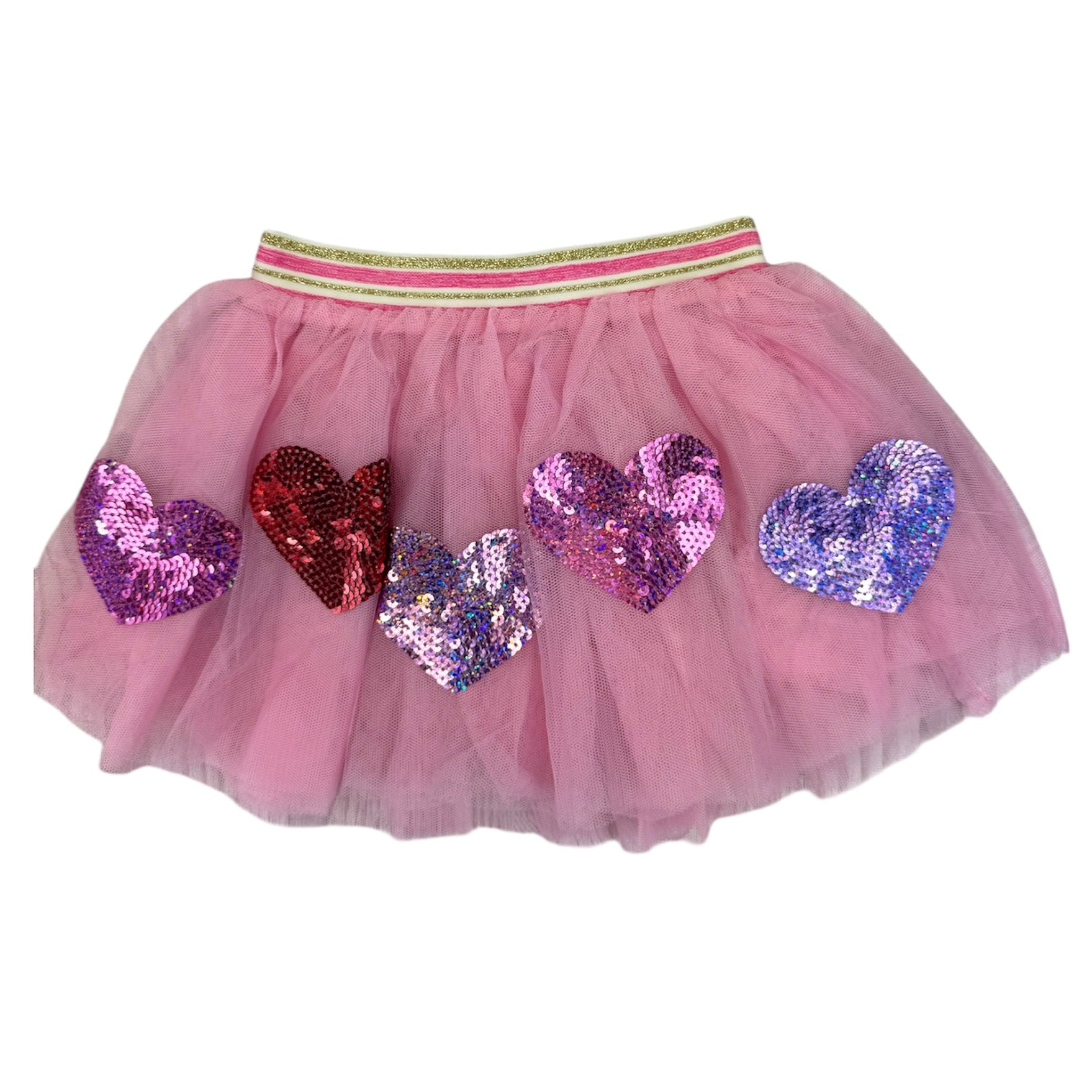 Pink tutu skirt with heart-shaped sequins on a white background