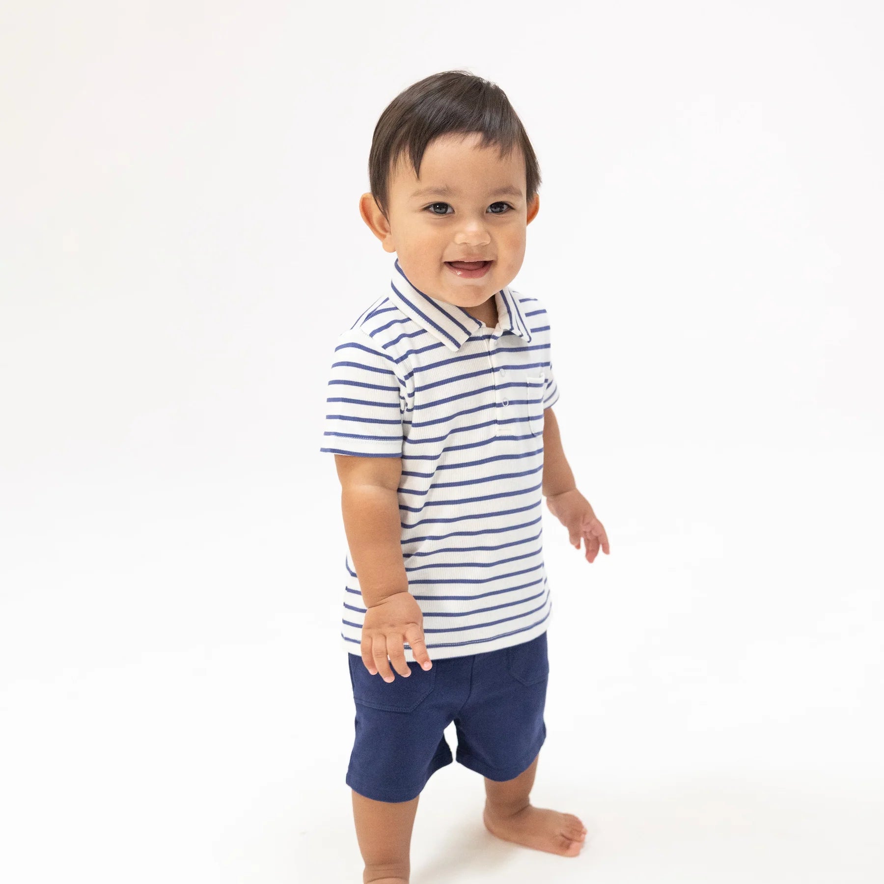 navy stripe polo and navy shorts kids set