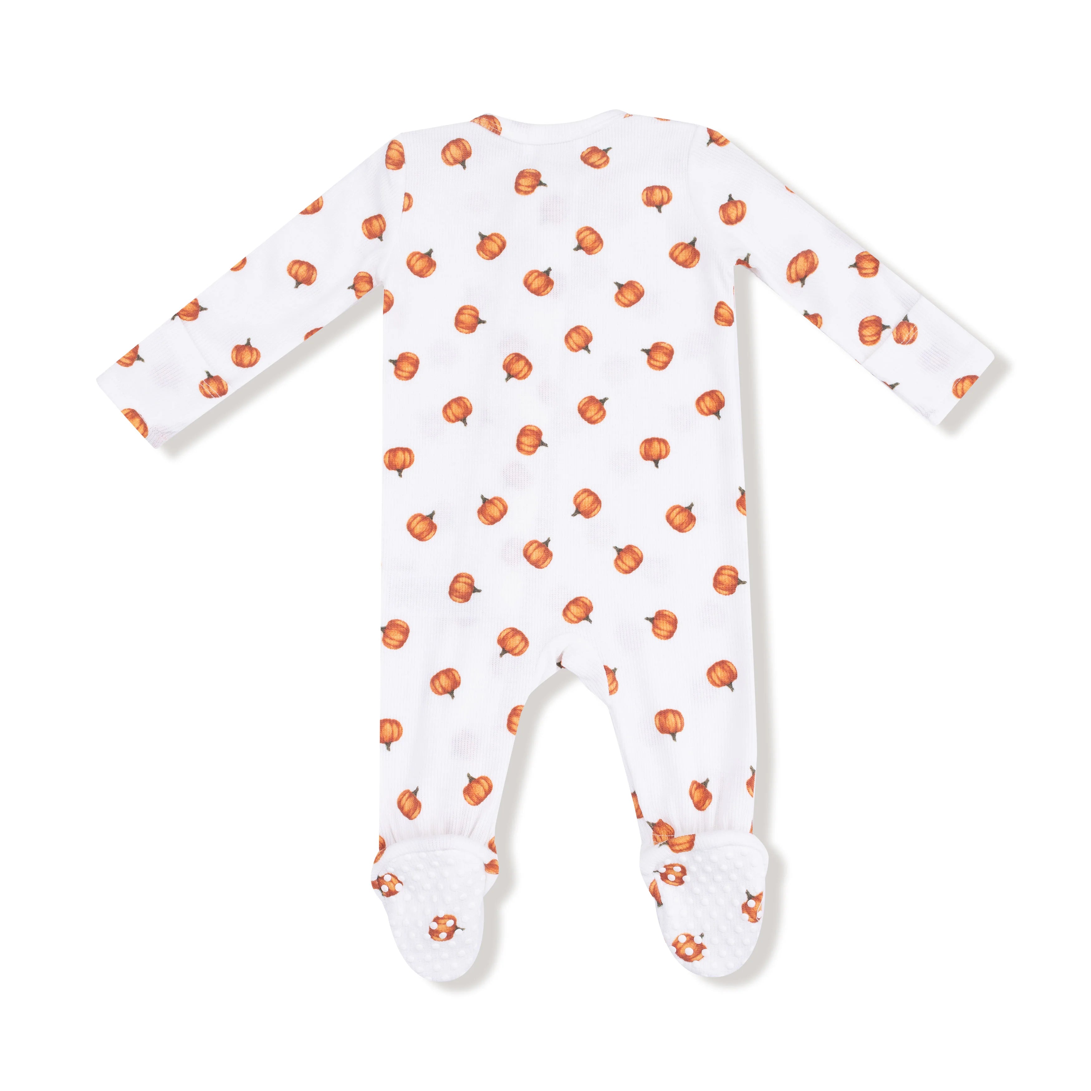 Baby onesie with orange pumpkin pattern on a white background