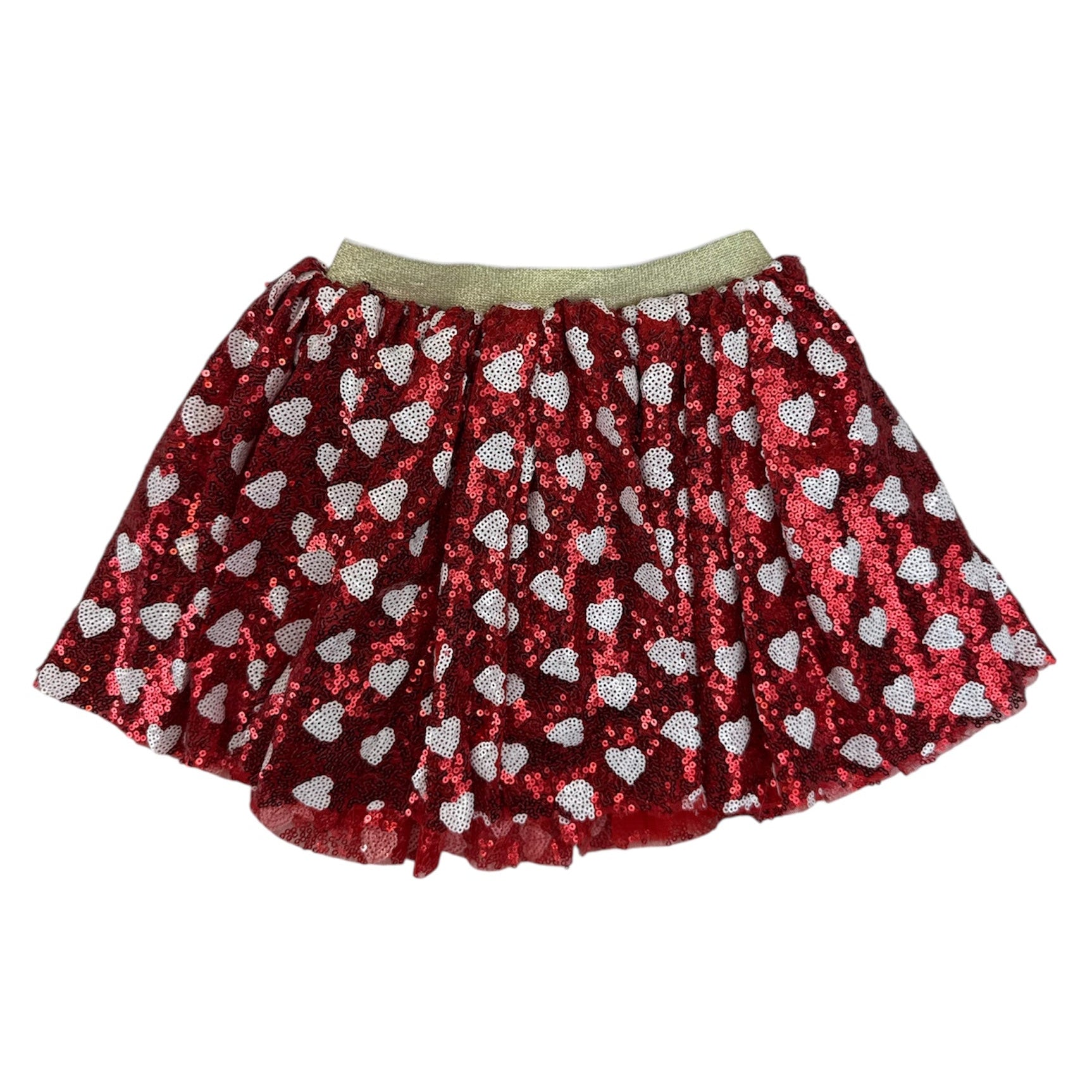 red sequin tutu with white hearts and gold elastic waistband