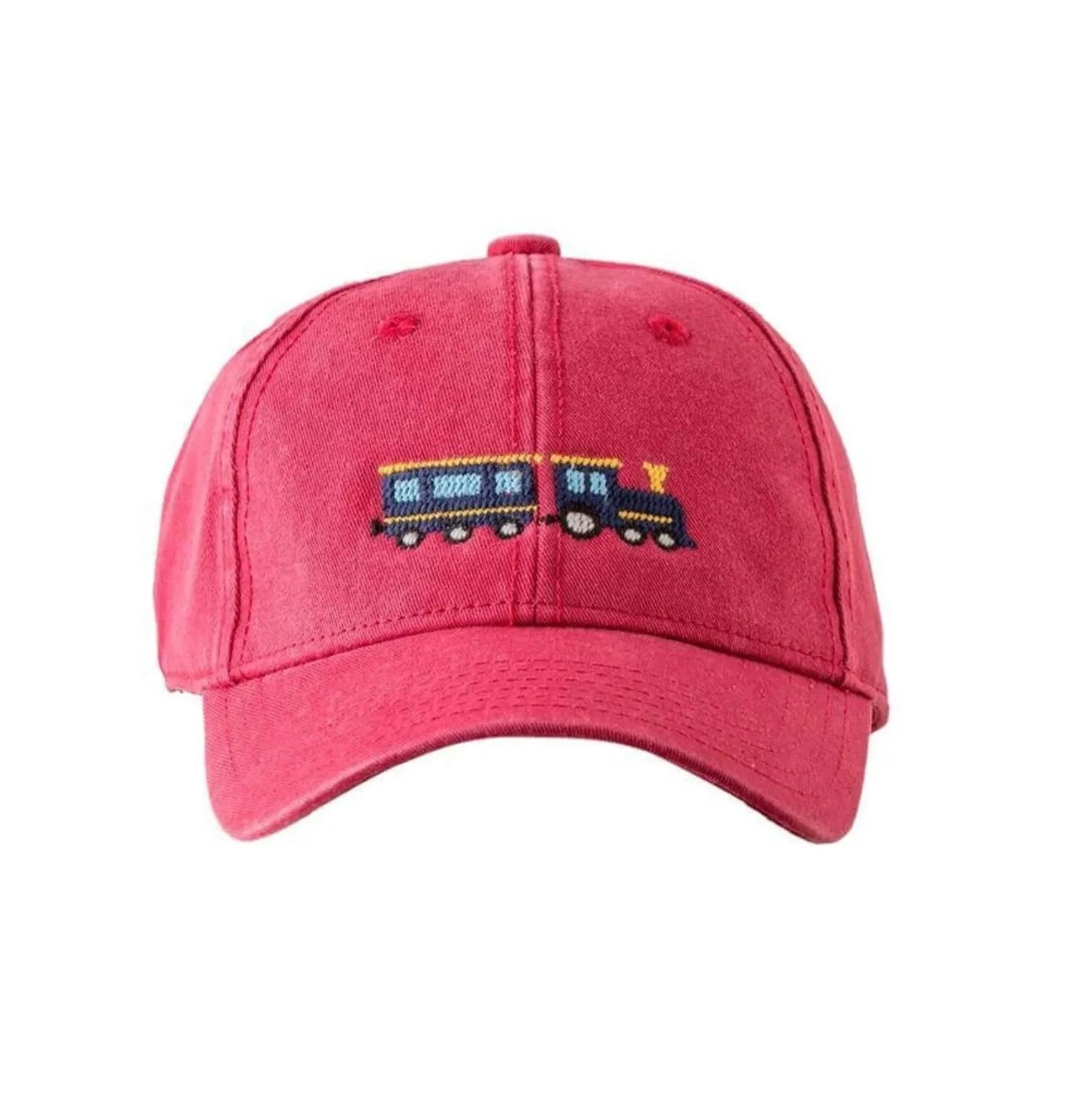 red hat with embroidered black and yellow train