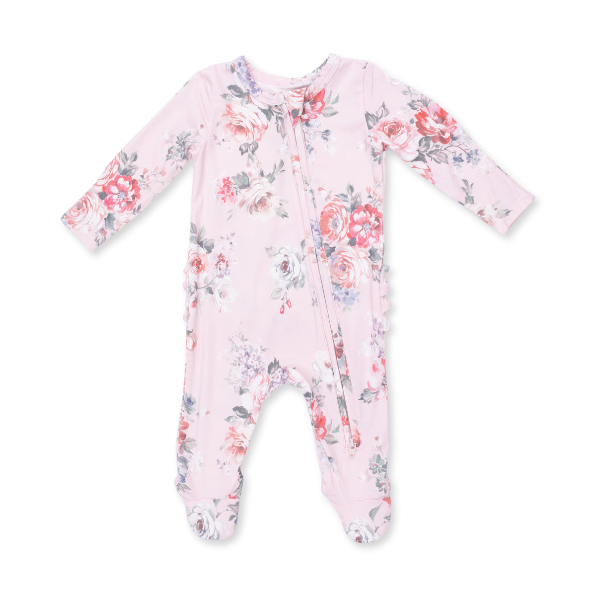 Pink Painterly Rose Bouquets Ruffle Back 2 Way Zipper Footie