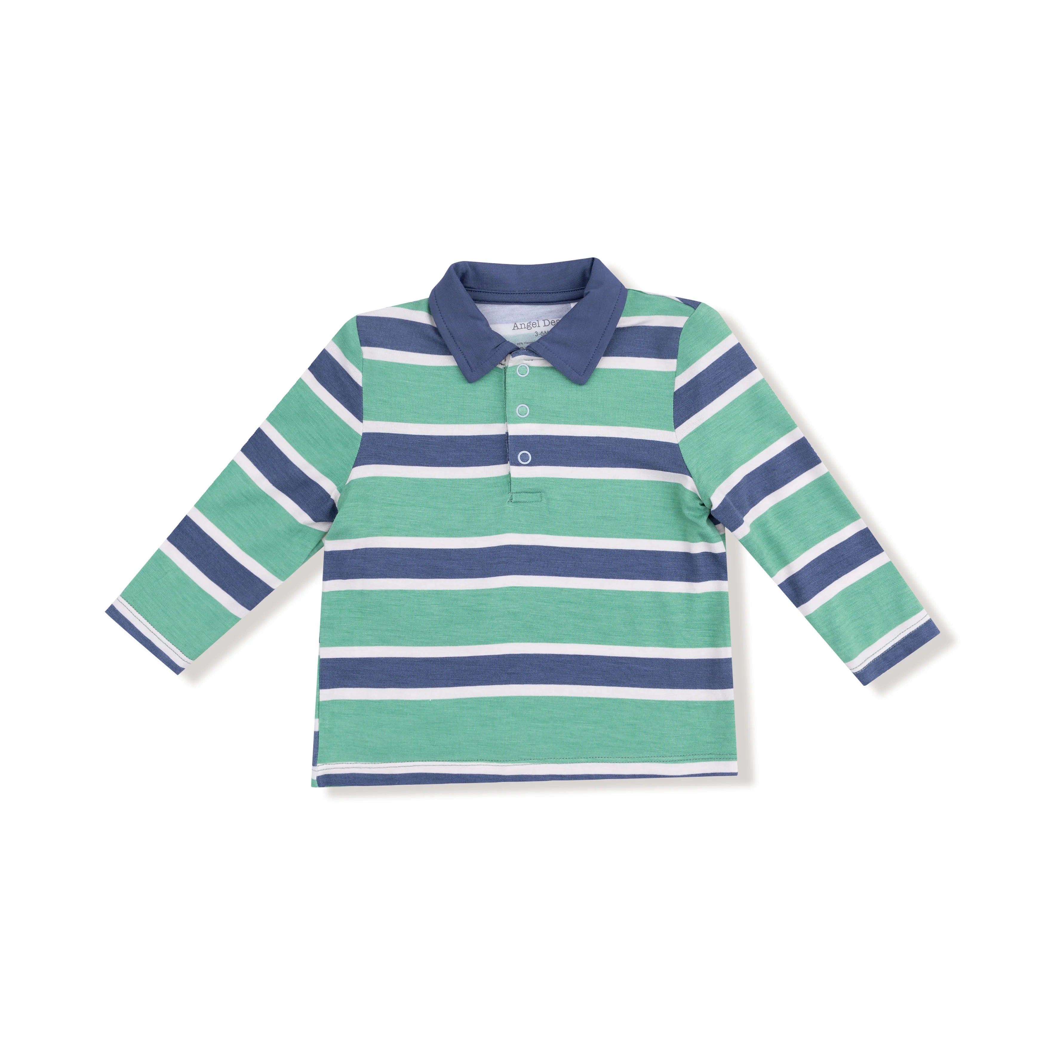 green and navy striped polo shirt