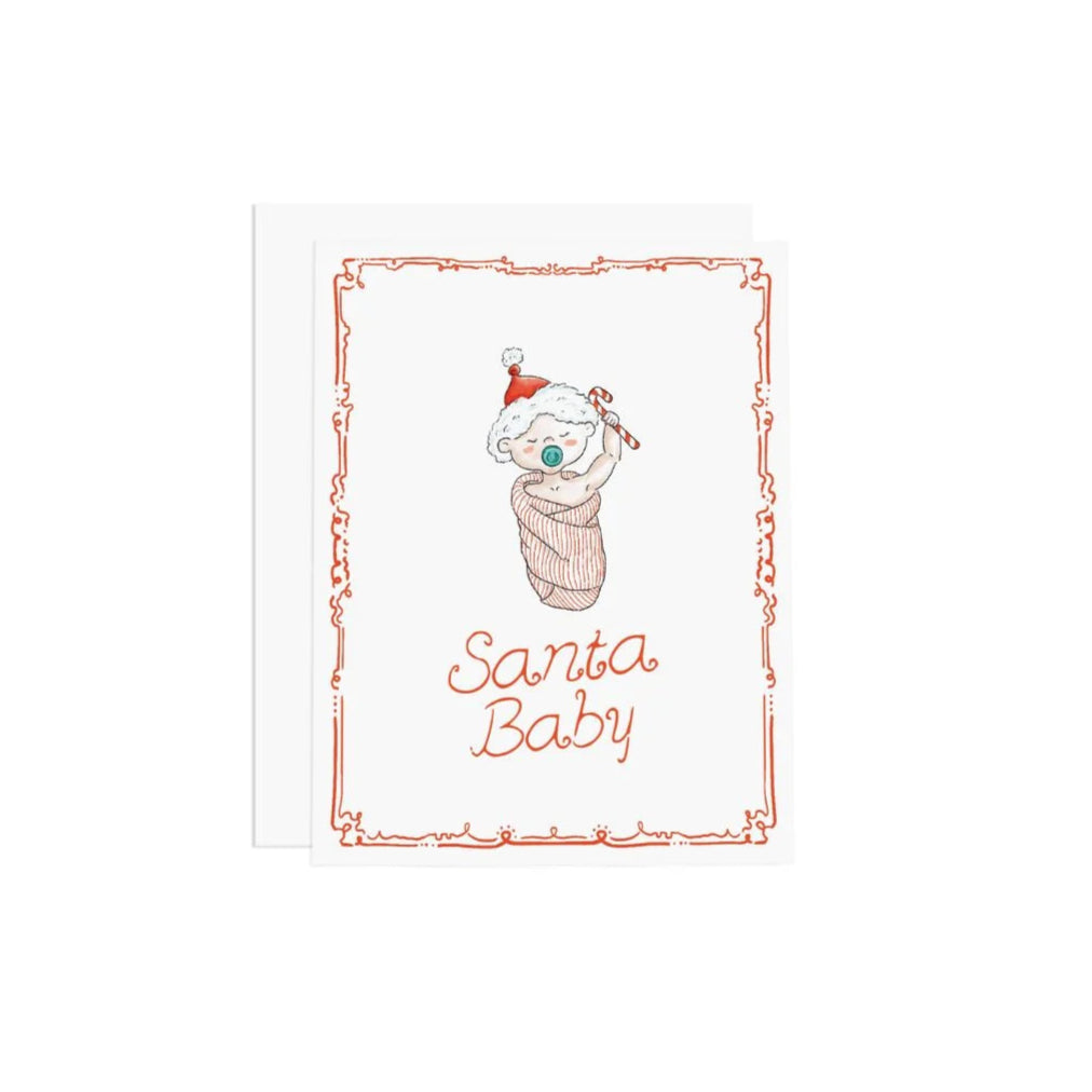 Santa baby greeting card, shows baby with santa hat and candy cane