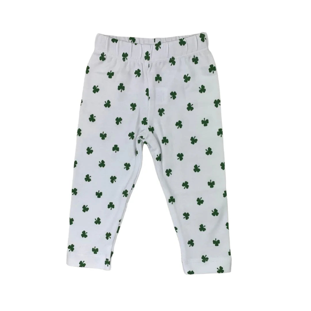 white leggings with green shamrocks all over