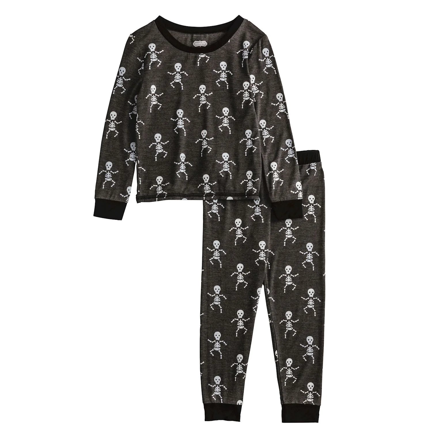 gray pajamas with skeletons all over