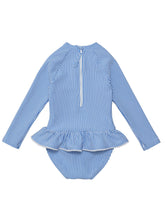 blue striped swimsuit with long sleeves and skirt