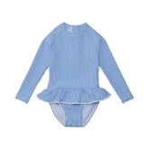 blue striped swimsuit with long sleeves and skirt