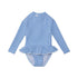 blue striped swimsuit with long sleeves and skirt