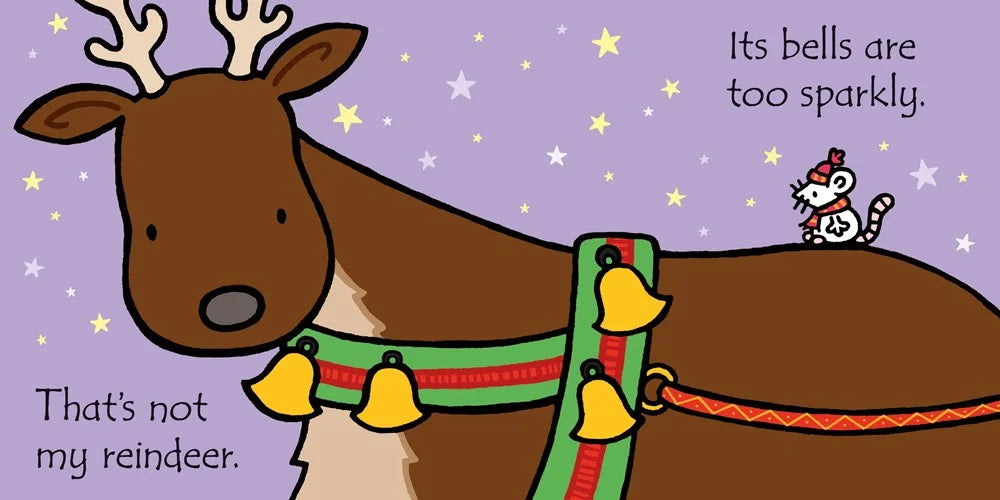 Cartoon reindeer with bells on a purple background, featuring text.