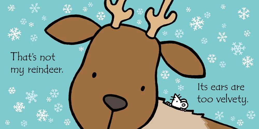 Cartoon reindeer with text on a blue background with snowflakes