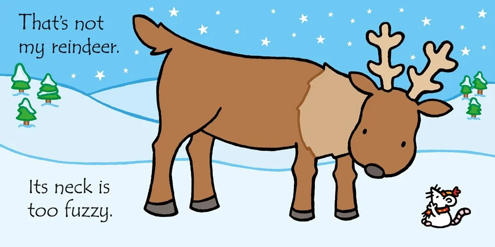 Cartoon reindeer with text about its fuzzy neck against a snowy background