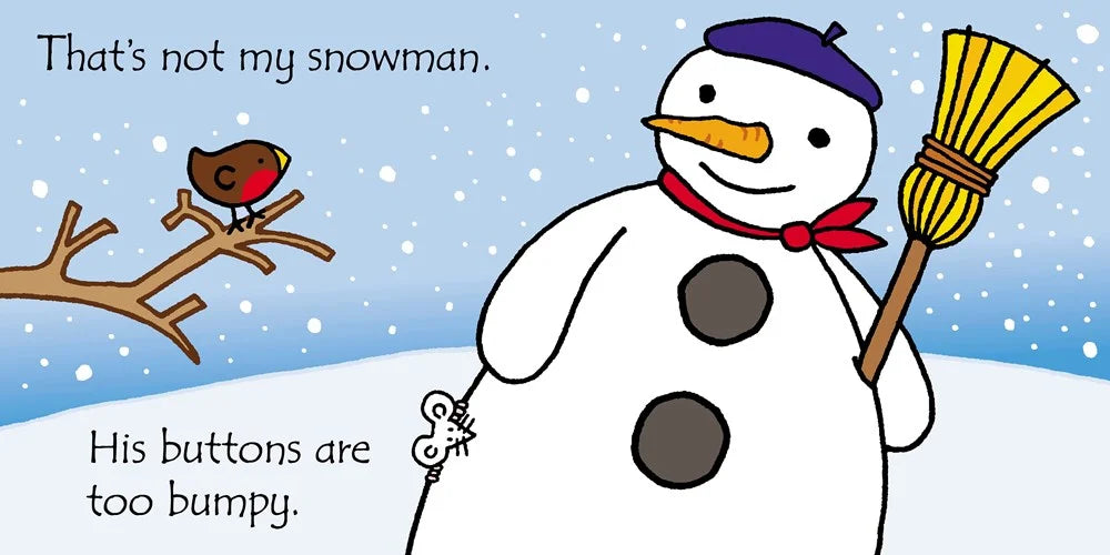 Cartoon snowman with a broom and a bird on a branch, with text indicating it&