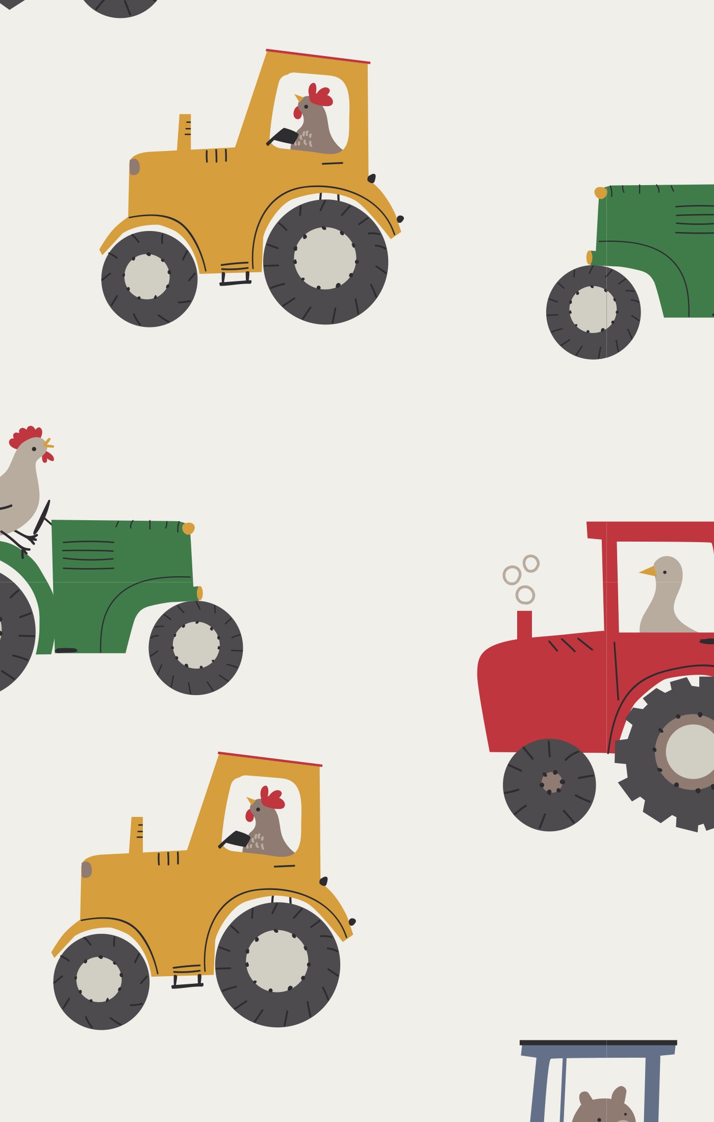 Pattern of colorful tractors and farm animals on a light background