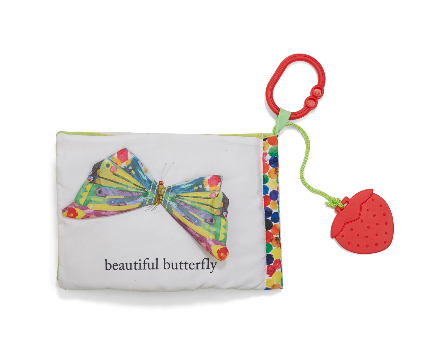Baby toy with colorful butterfly design and red teether on a white background