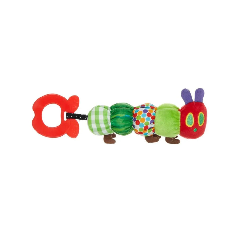 Plush toy shaped like a caterpillar with a red handle on a white background