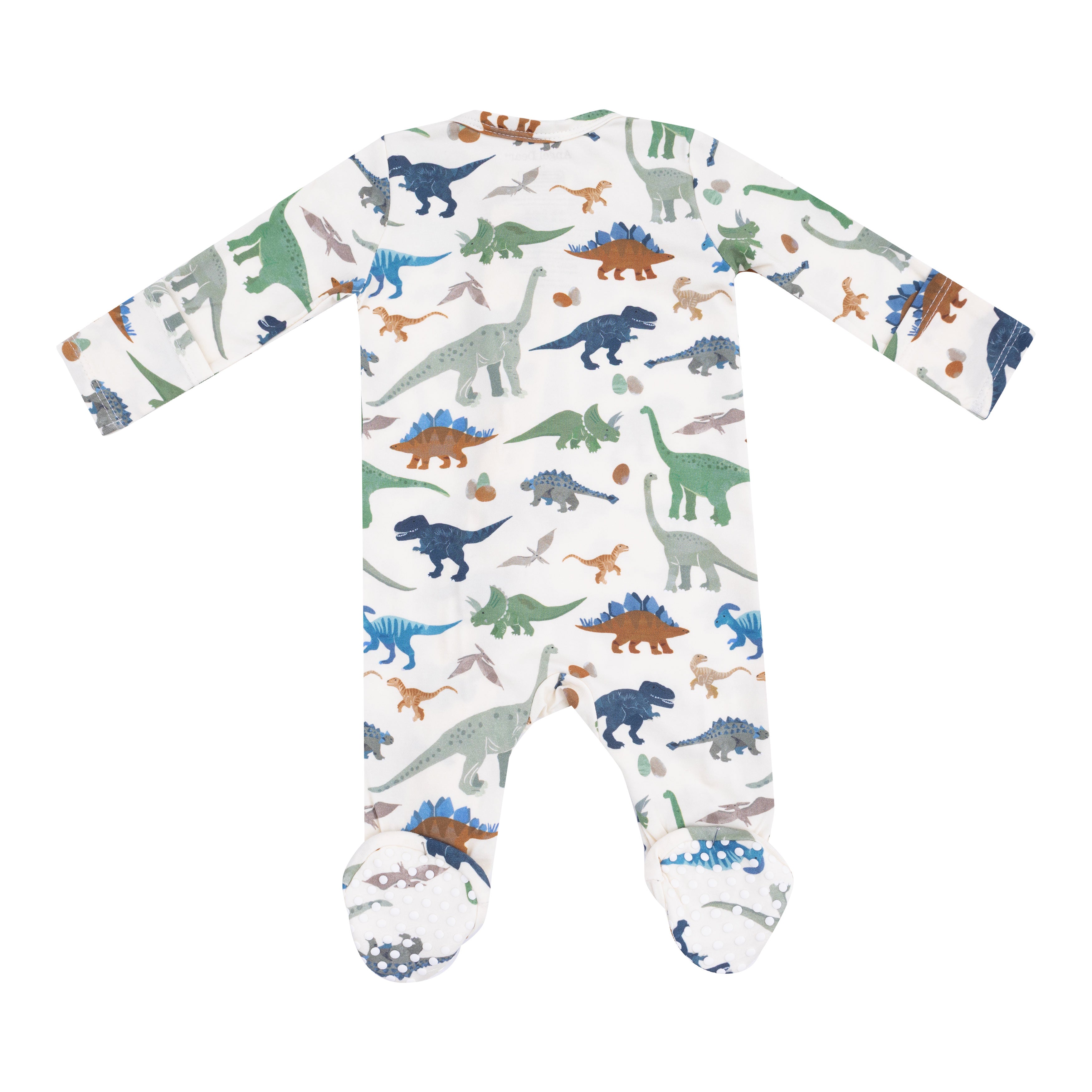 Baby onesie with dinosaur pattern on a white background