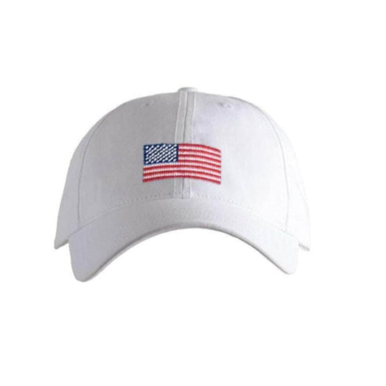 white hat with red white and blue American flag