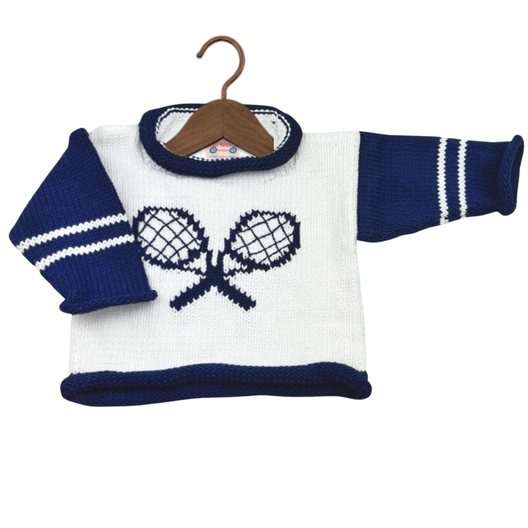 White and Blue Tennis Roll Neck Sweater