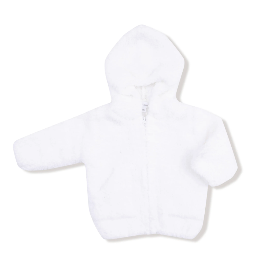 A white plush zip-up hooded jacket with long sleeves, photographed flat against a clean white background.