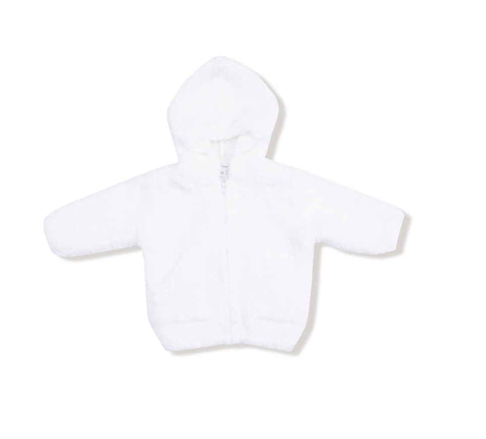 A white hooded zip-up jacket made of a soft, plush faux fur or fleece material, laid flat against a solid white background.