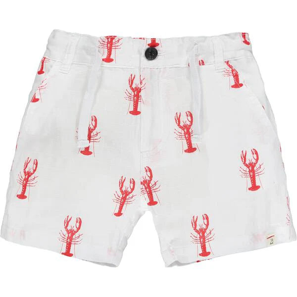 White shorts with red lobster pattern on a white background