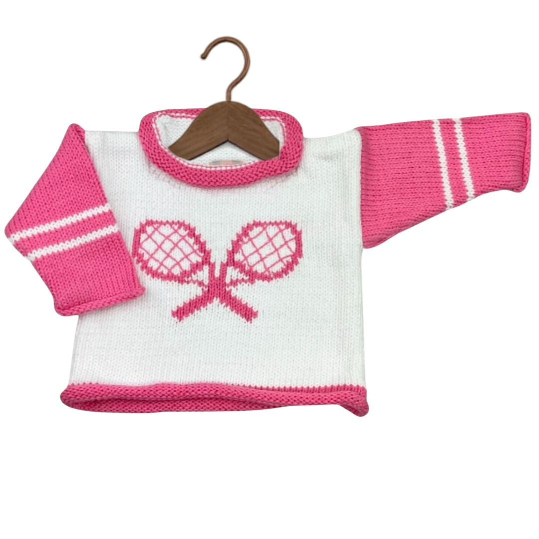 White and Pink Tennis Roll Neck Sweater