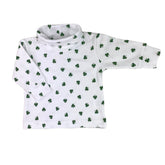 white long sleeve turtleneck with green shamrocks all over