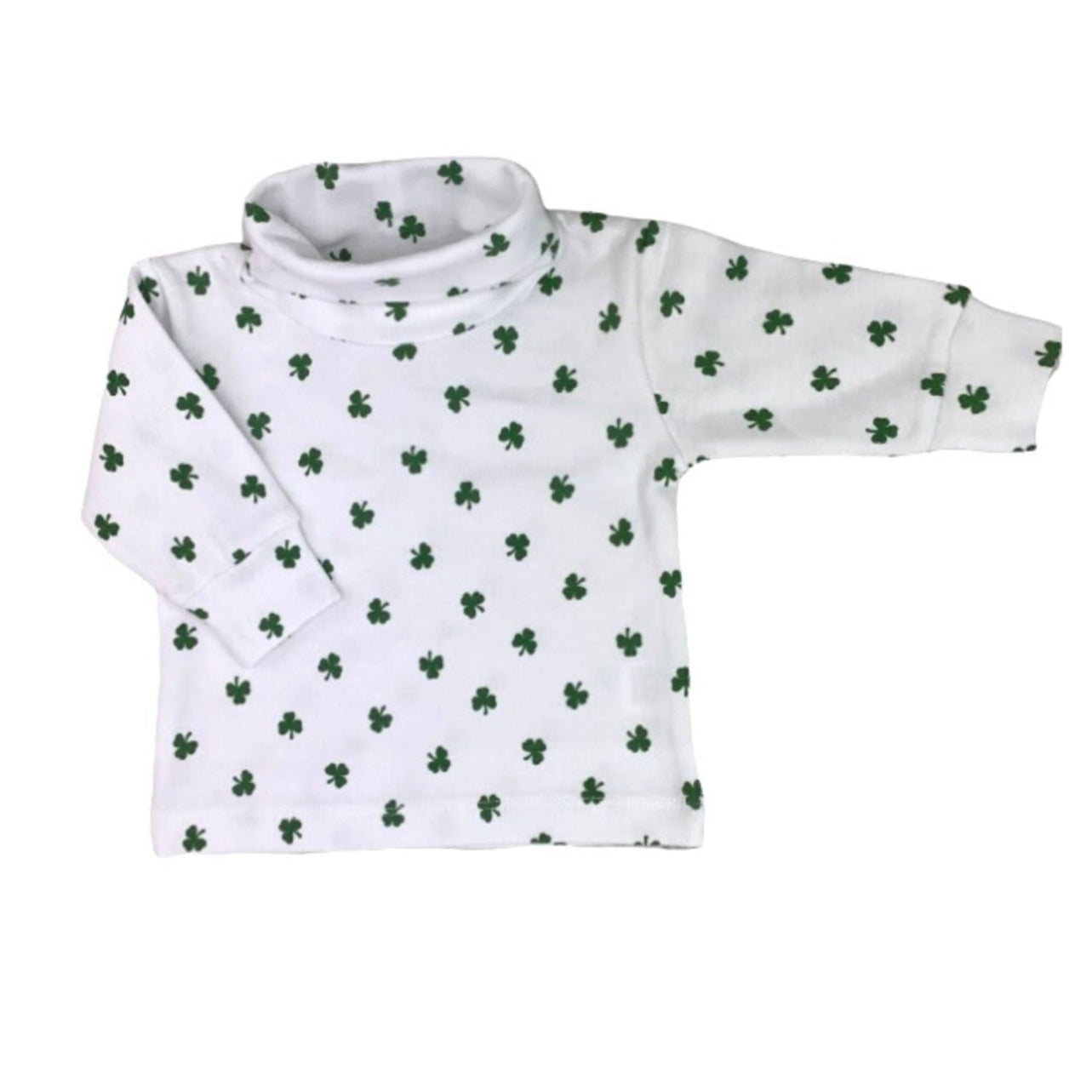 white long sleeve turtleneck with green shamrocks all over