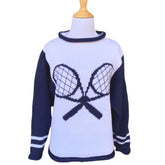 white sweater with navy sleeves and navy tennis rackets on the front