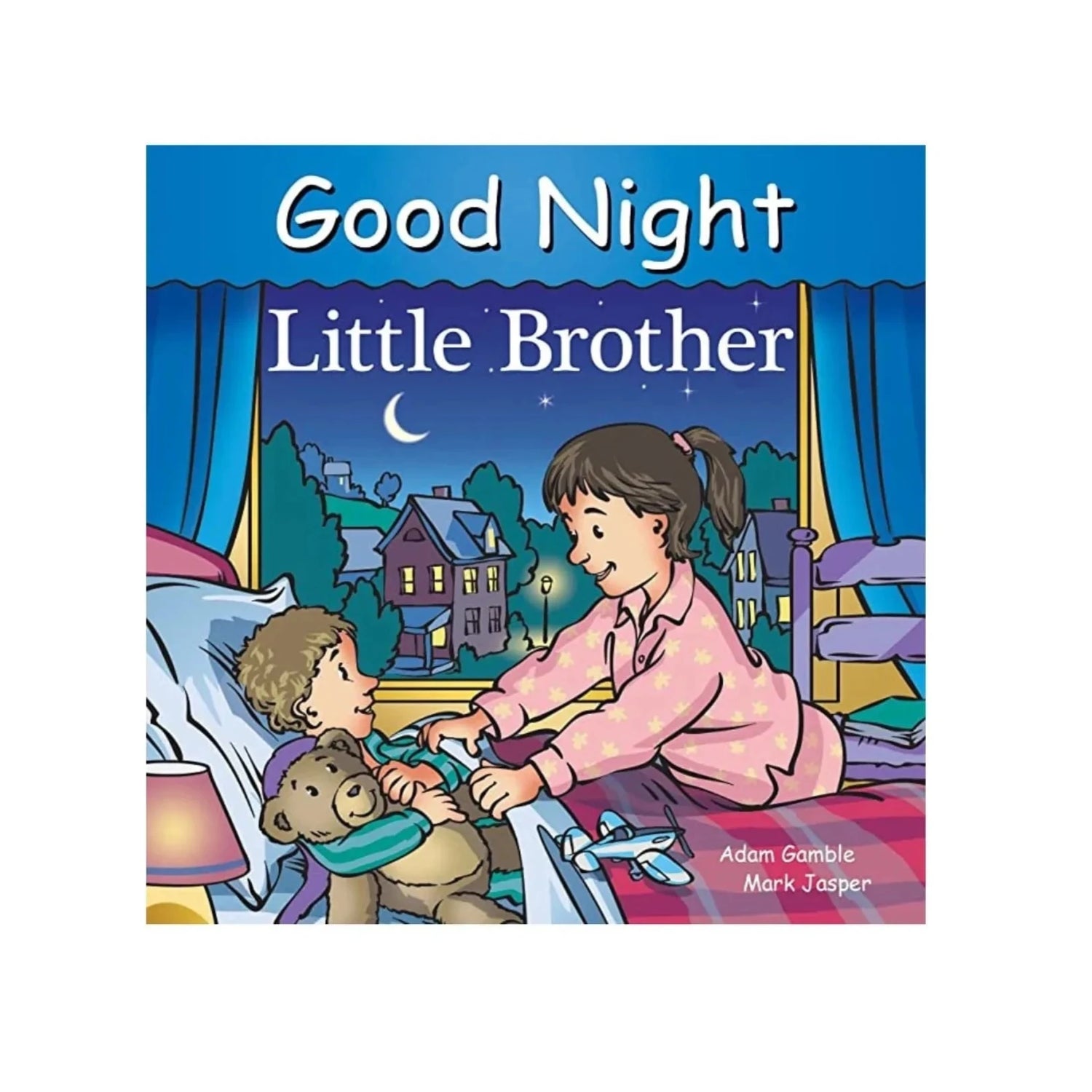 good night little brother book - shows little girl tucking her little brother into bed