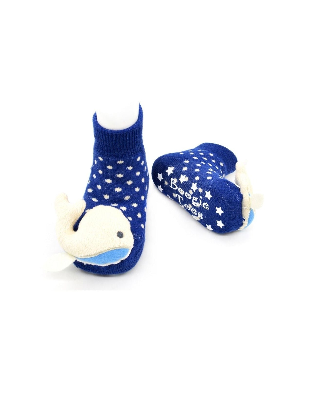 navy socks with white polka dots with ivory whales