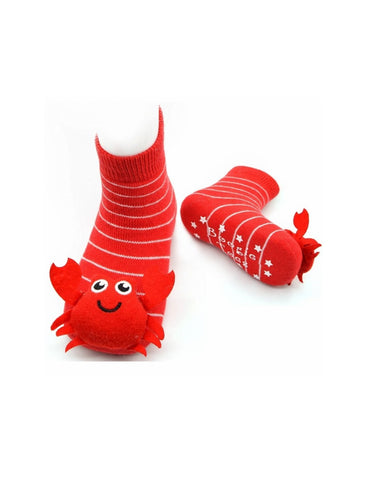 red and white striped socks with red plush crab on each foot