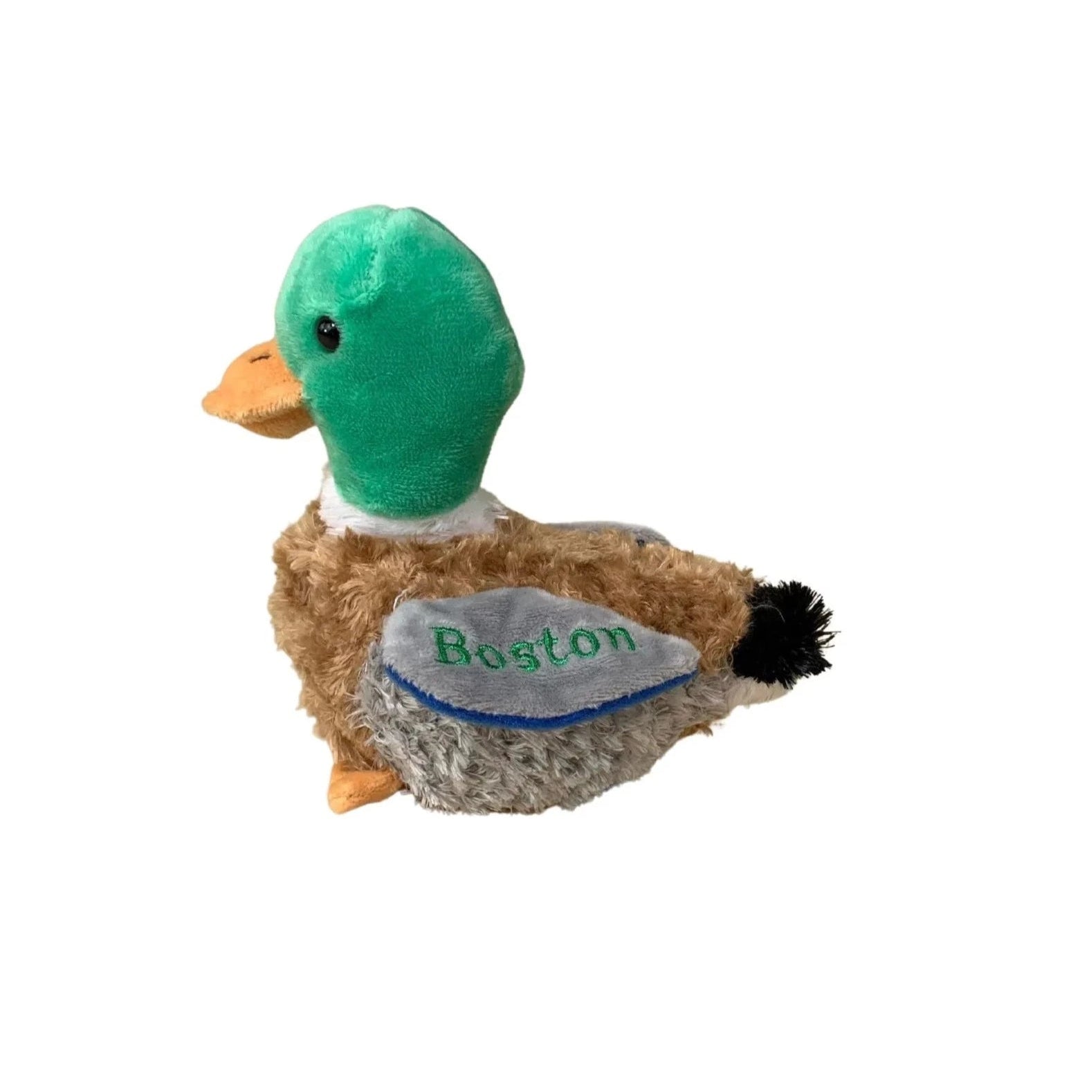 green brown and grey mallard duck plush with Boston embroidered in green on the wing