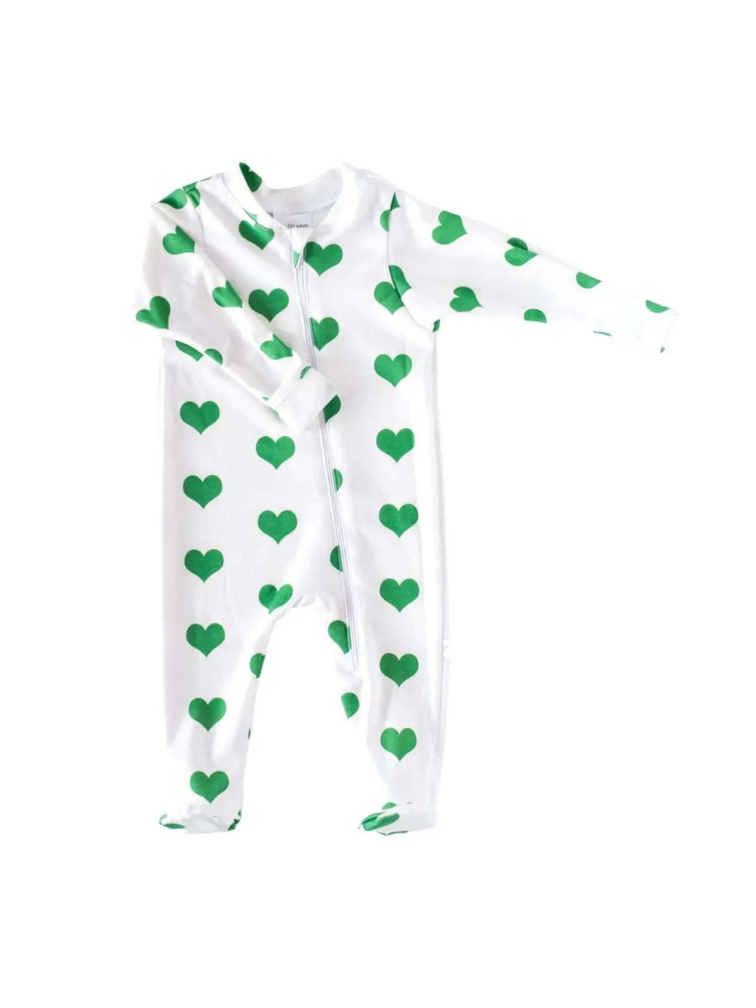 white footie with green hearts all over