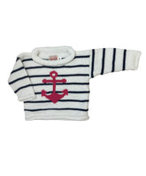 white and navy striped long sleeve sweater with pink anchor