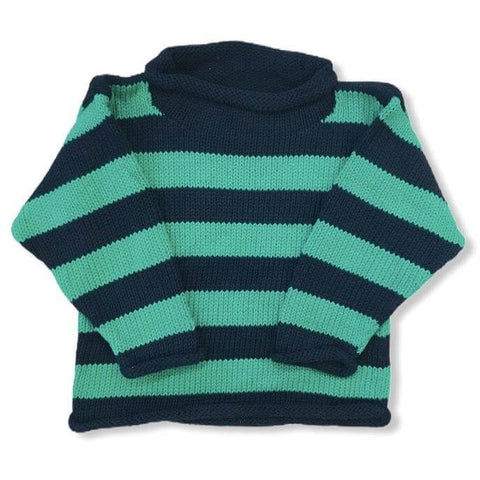 green and navy striped roll neck sweater with no graphic on front or back