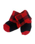 black socks with red on heel and toe, black and red checked on ankles