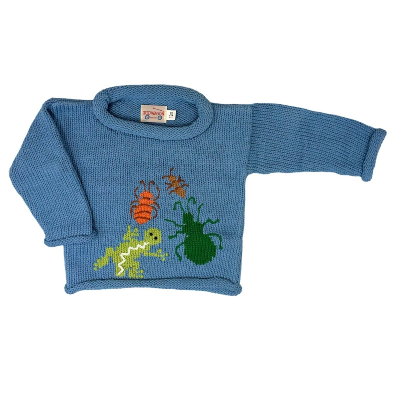 chambray blue sweater with orange and green bugs and gecko