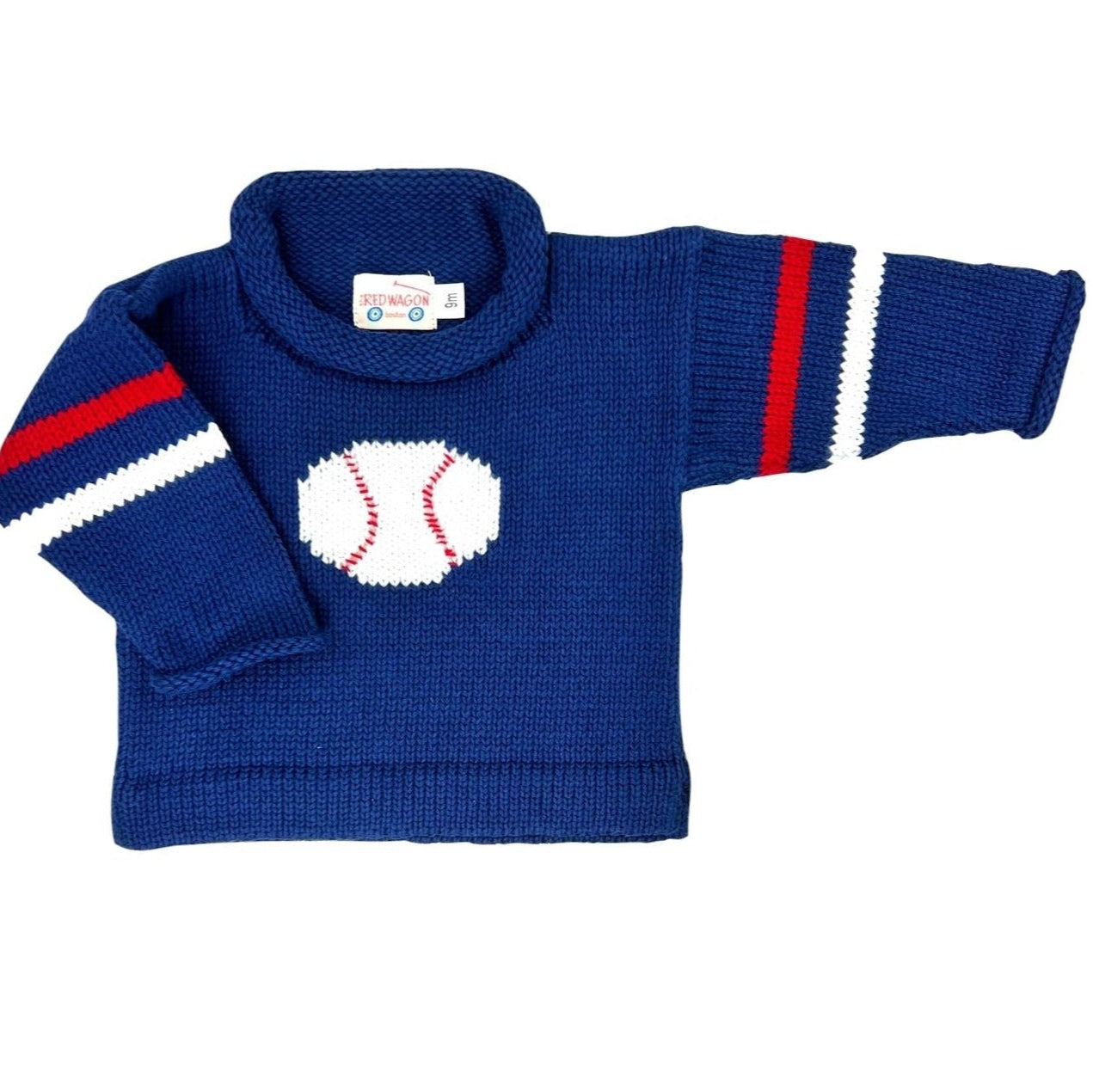 navy long sleeve sweater with white baseball and red and white stripes on arms