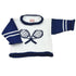 long sleeve sweater with blue arms with white stripes collar and bottom trim are blue and tennis rackets are blue