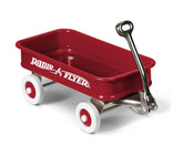 red radio flyer mini wagon, wagon is red with radio flyer written in white with white wheels