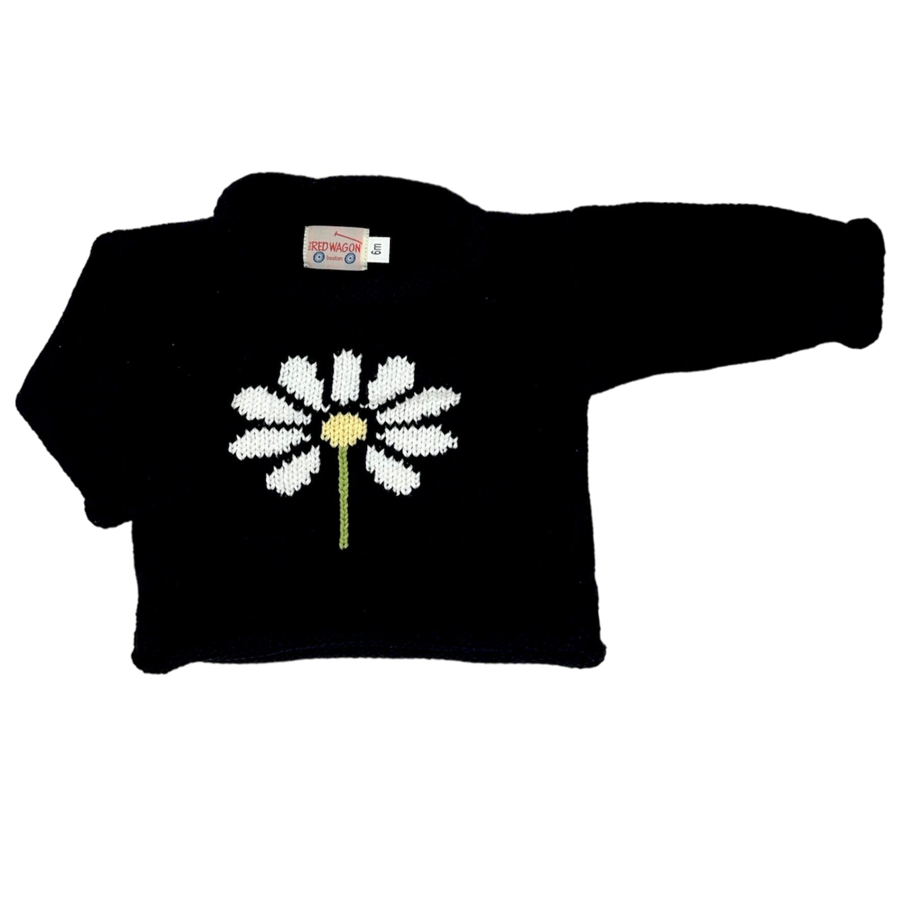 long sleeve navy blue sweater with white daisy flower in center