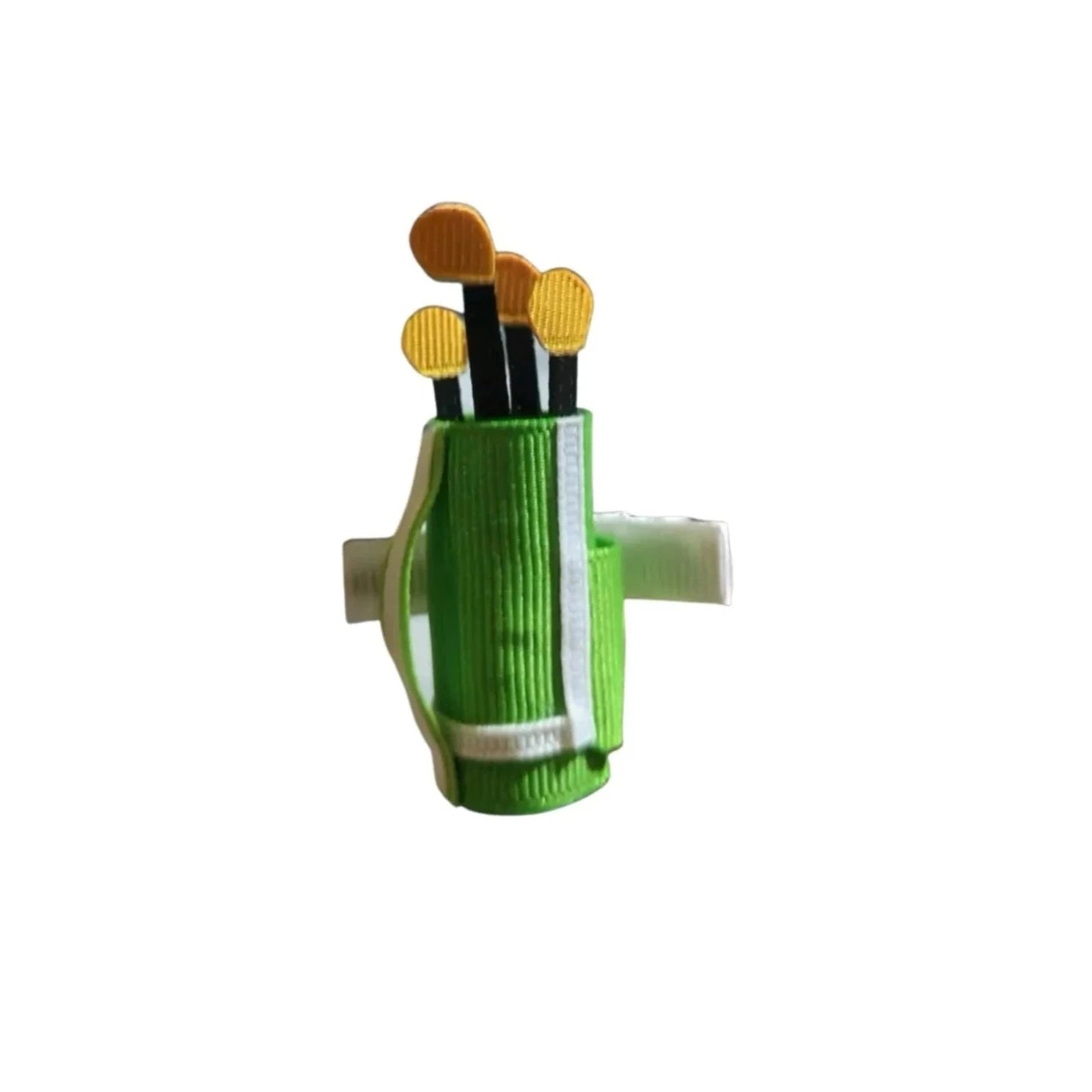 green golf bag with yellow clubs on a hair clip