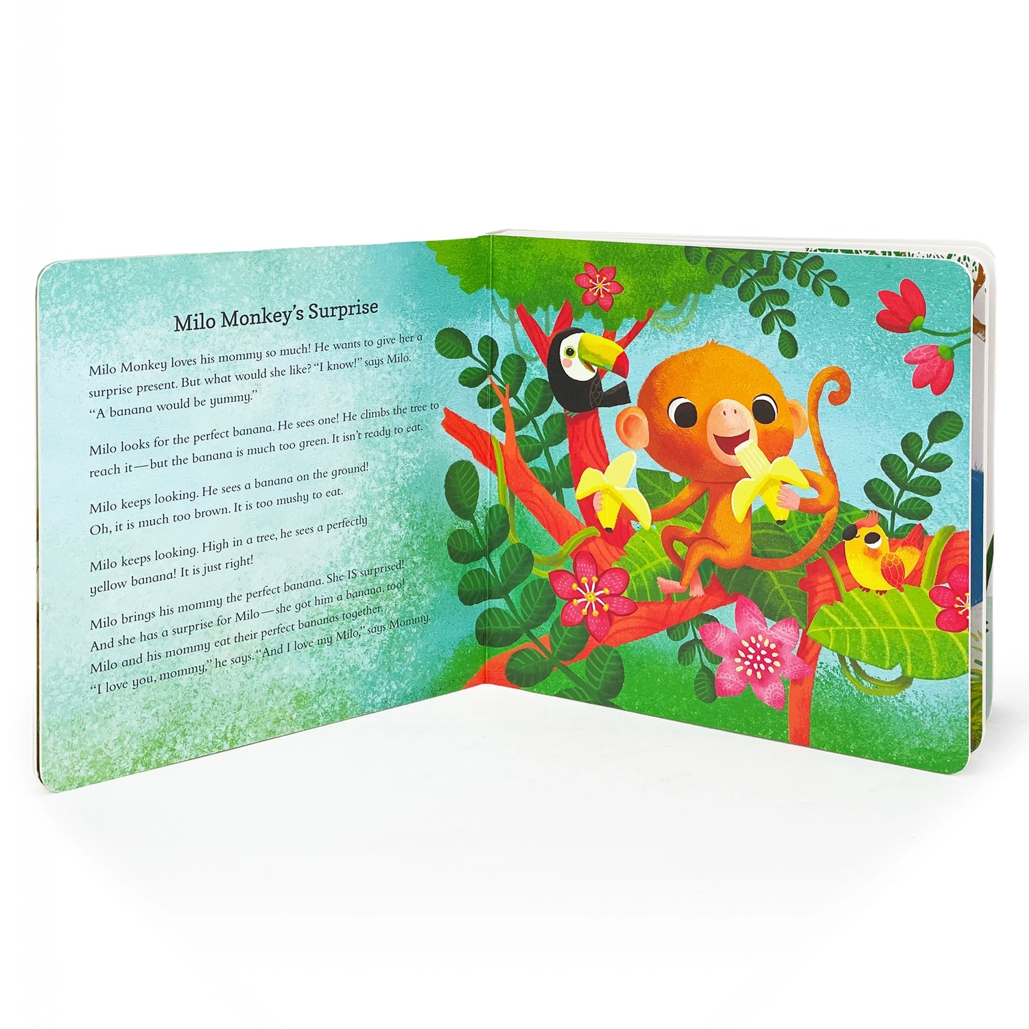 Open book with colorful monkey illustration and text on a white background