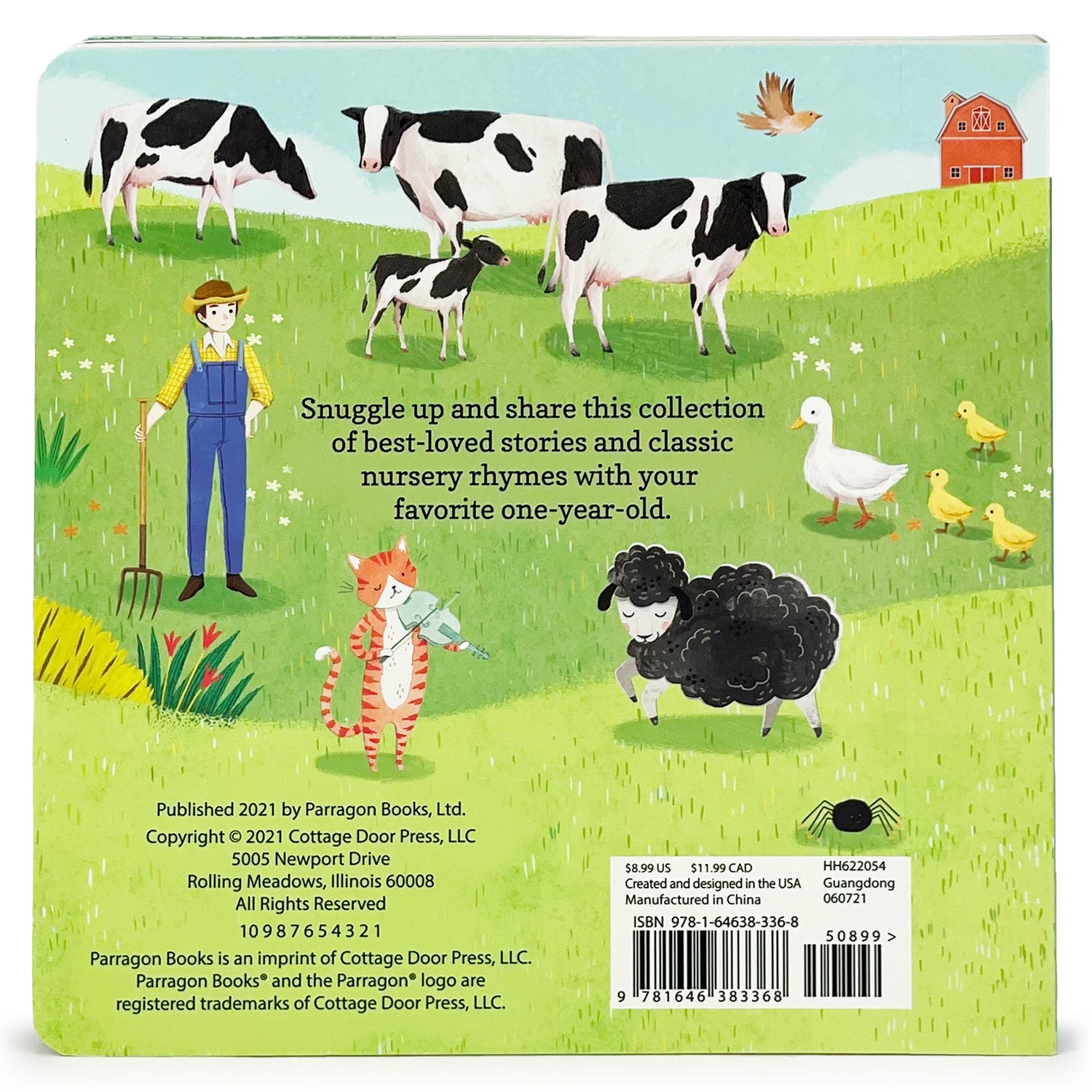 Book cover with illustrations of cows, a farmer, and farm animals on a green field.