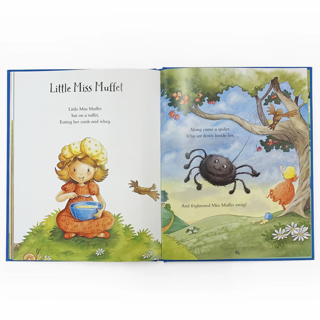 Open book showing illustrations of Little Miss Muffet and a spider, with text on a white background.