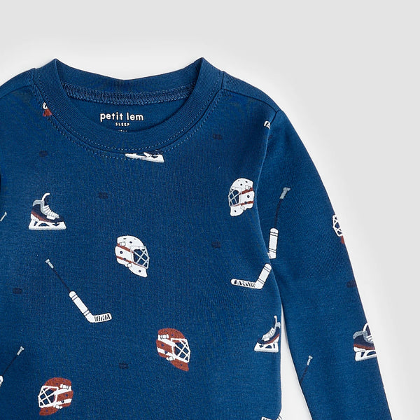 blue pajamas with hockey gear all over